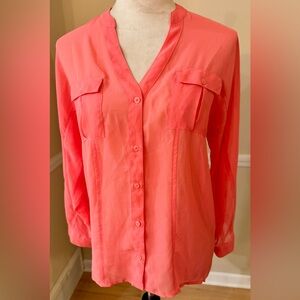 🦩Y2K Neon Candie’s Coral Sheer Button Blouse Roll Tab Sleeve XS Retro